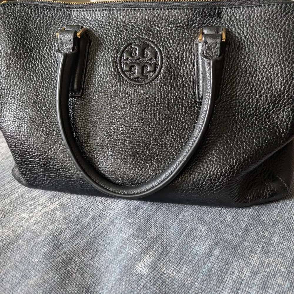 Tory Burch Black Leather Tote with Gold Accents - Picture 7 of 11